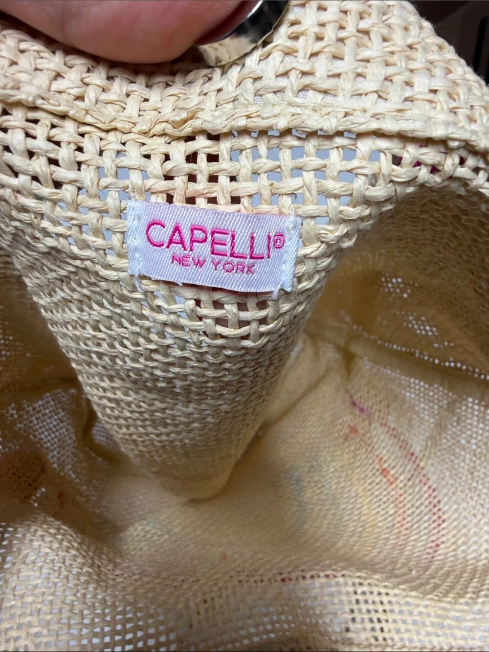 Capelli of New York Cream Straw Tote with Rainbow Embroidery and Pom-Poms